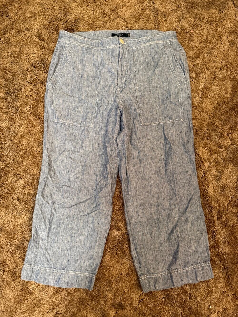 Lauren Ralph Lauren Blue Chambray Wide-Leg Linen Cropped Pants Coastal Lagenlook